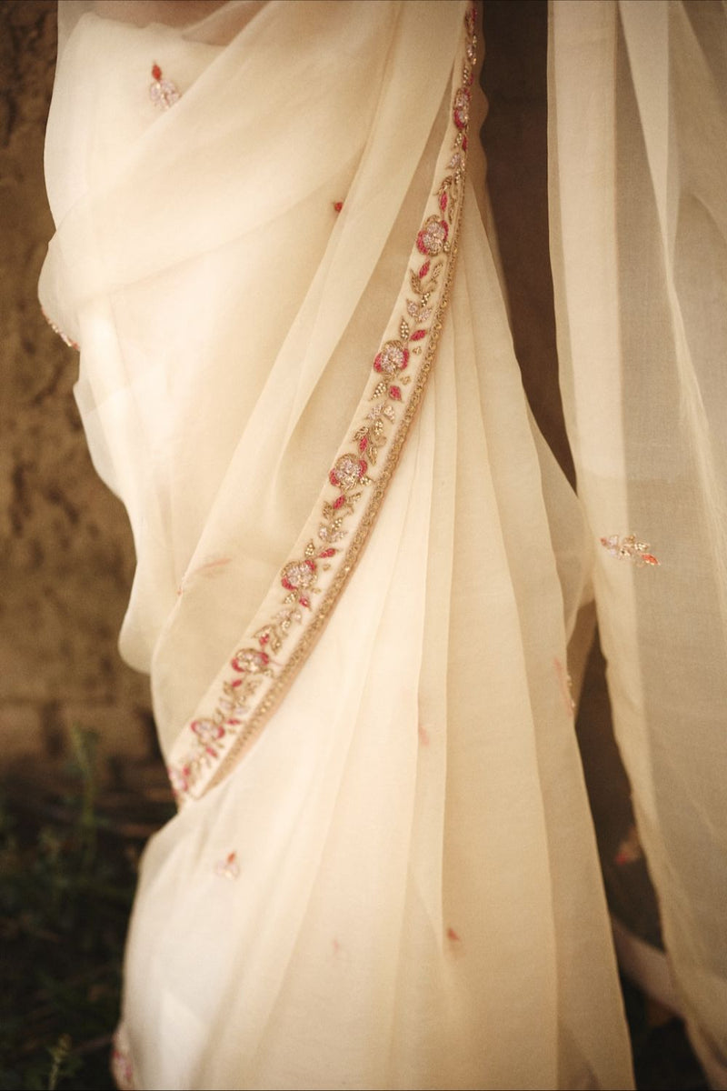 SHANVI SAREE organza by Rashika Mittal in ivory color for women Worldwide