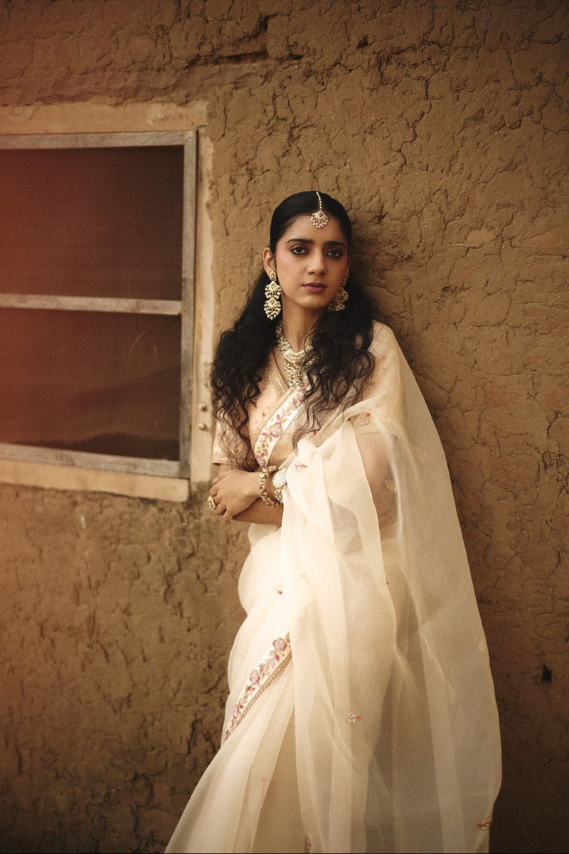 SHANVI SAREE organza by Rashika Mittal in ivory color for women Worldwide