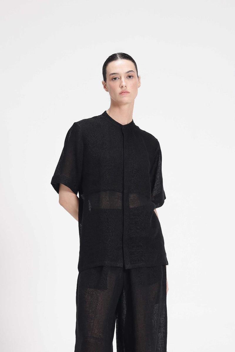 Sheer Half Sleeve Shirt linen by Turn Black in black color for women Worldwide