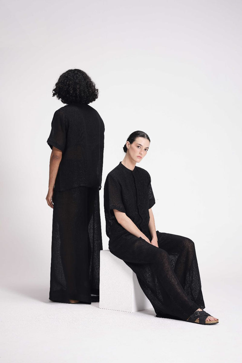 Sheer Half Sleeve Shirt linen by Turn Black in black color for women Worldwide