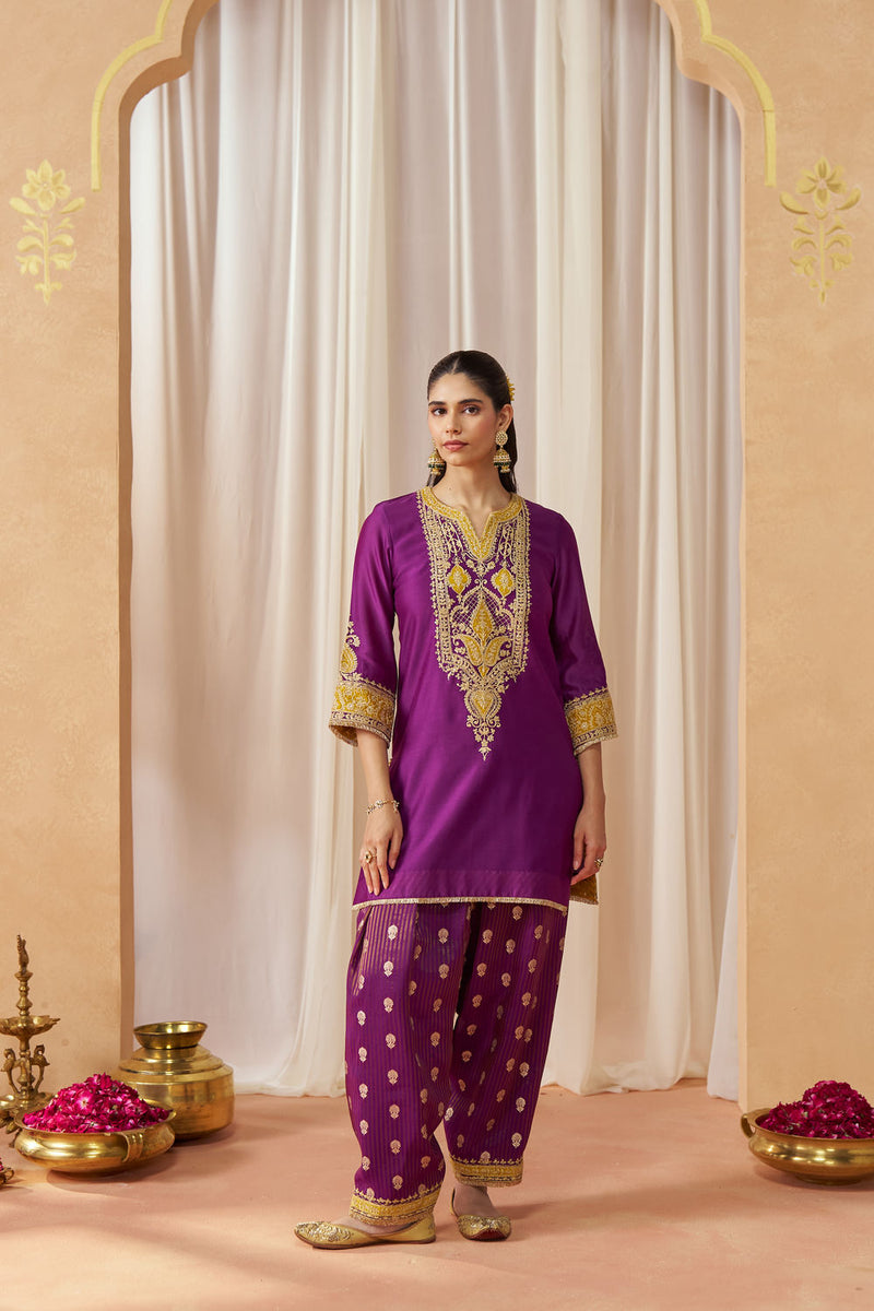 Adeela Deep Purple Kurta with Salwar and Dupatta silk chanderi kurta/kurta set by SHEETAL BATRA in purple for women Worldwide