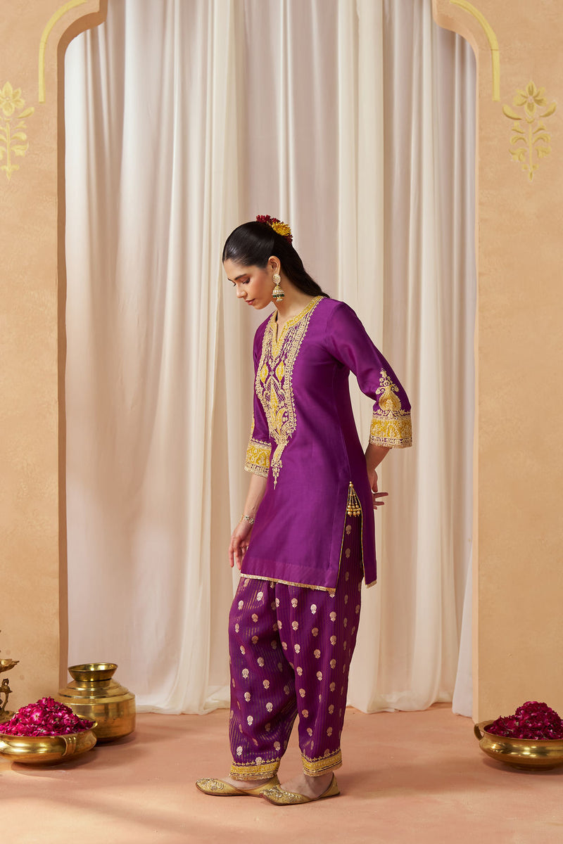 Adeela Deep Purple Kurta with Salwar and Dupatta silk chanderi kurta/kurta set by SHEETAL BATRA in purple for women Worldwide