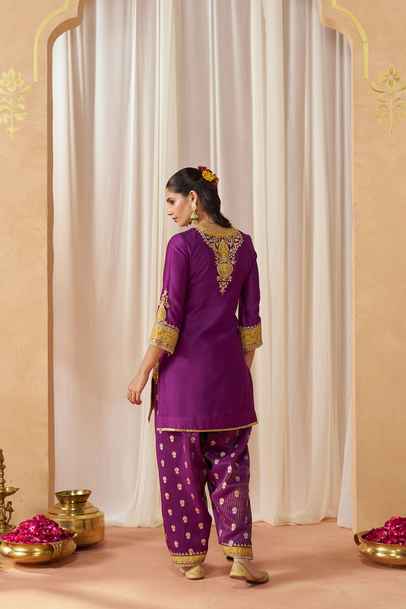 Adeela Deep Purple Kurta with Salwar and Dupatta silk chanderi kurta/kurta set by SHEETAL BATRA in purple for women Worldwide