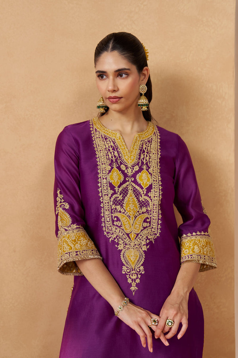 Adeela Deep Purple Kurta with Salwar and Dupatta silk chanderi kurta/kurta set by SHEETAL BATRA in purple for women Worldwide