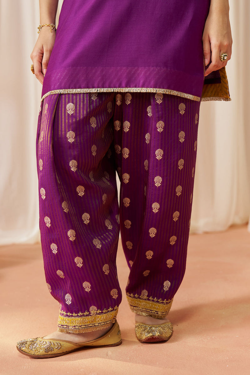Adeela Deep Purple Kurta with Salwar and Dupatta silk chanderi kurta/kurta set by SHEETAL BATRA in purple for women Worldwide