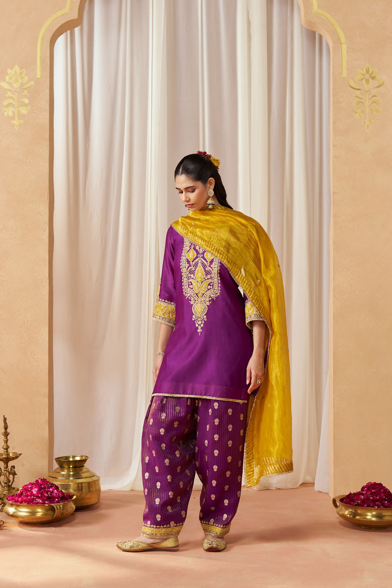 Adeela Deep Purple Kurta with Salwar and Dupatta silk chanderi kurta/kurta set by SHEETAL BATRA in purple for women Worldwide