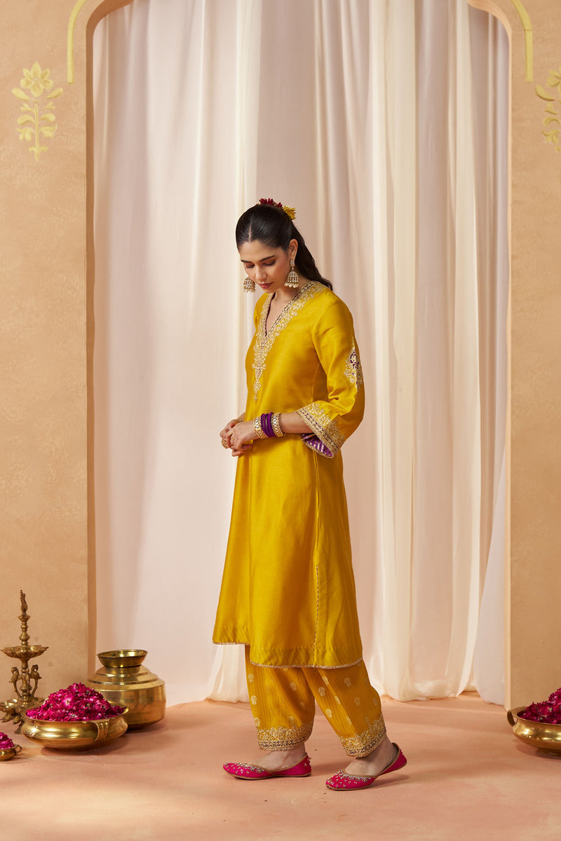Liana Mustard Chauga with Salwar with Dupatta silk chanderi kurta/kurta set by SHEETAL BATRA in mustard for women Worldwide