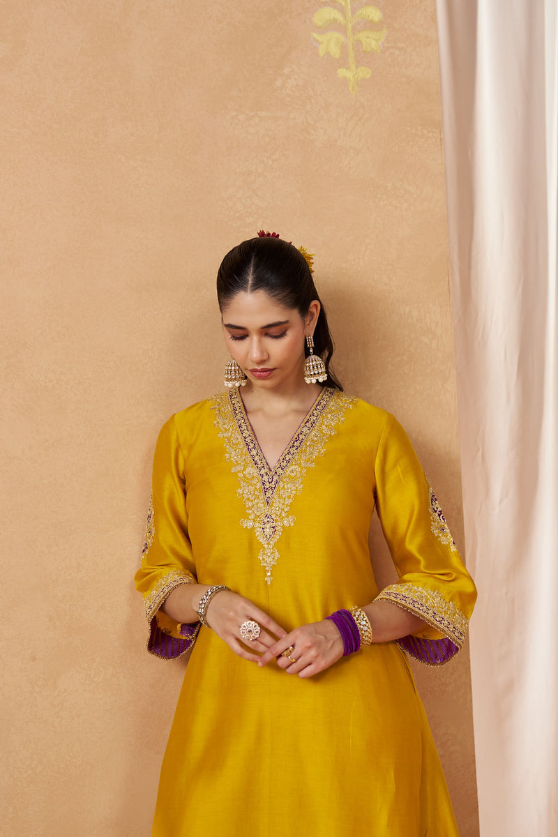 Liana Mustard Chauga with Salwar with Dupatta silk chanderi kurta/kurta set by SHEETAL BATRA in mustard for women Worldwide