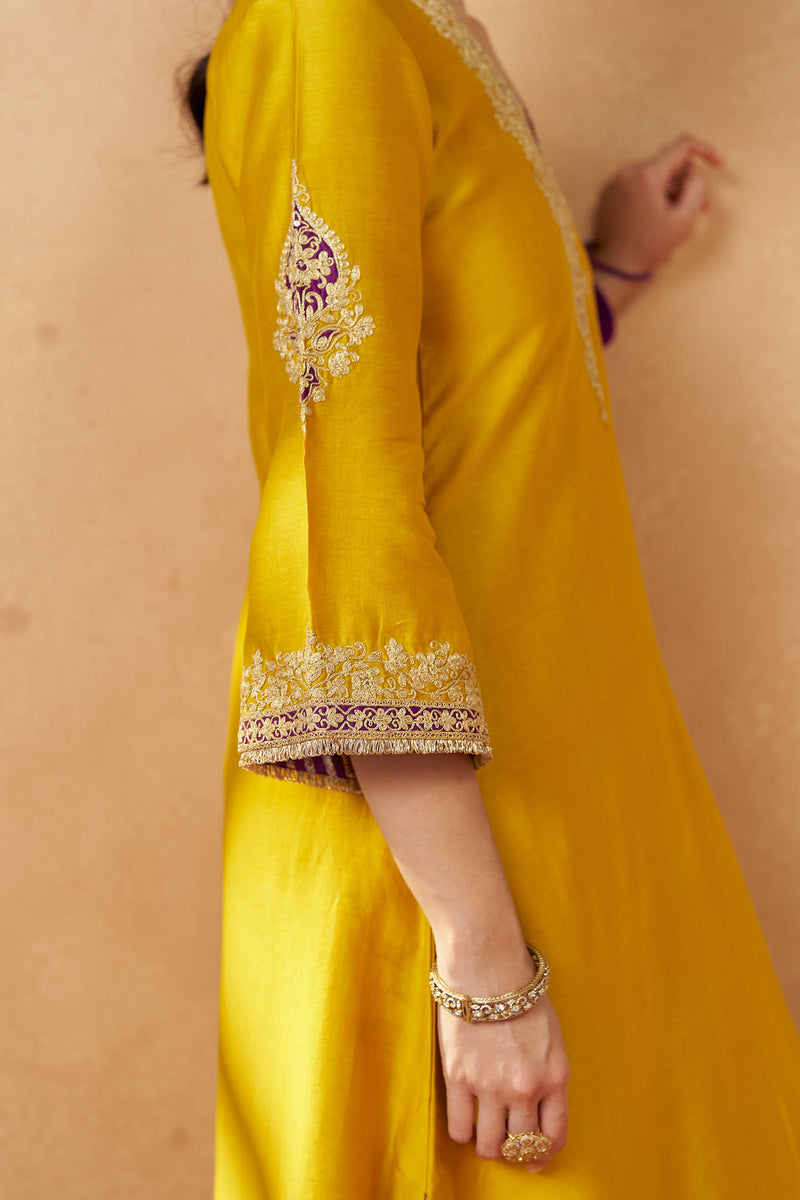 Liana Mustard Chauga with Salwar with Dupatta silk chanderi kurta/kurta set by SHEETAL BATRA in mustard for women Worldwide