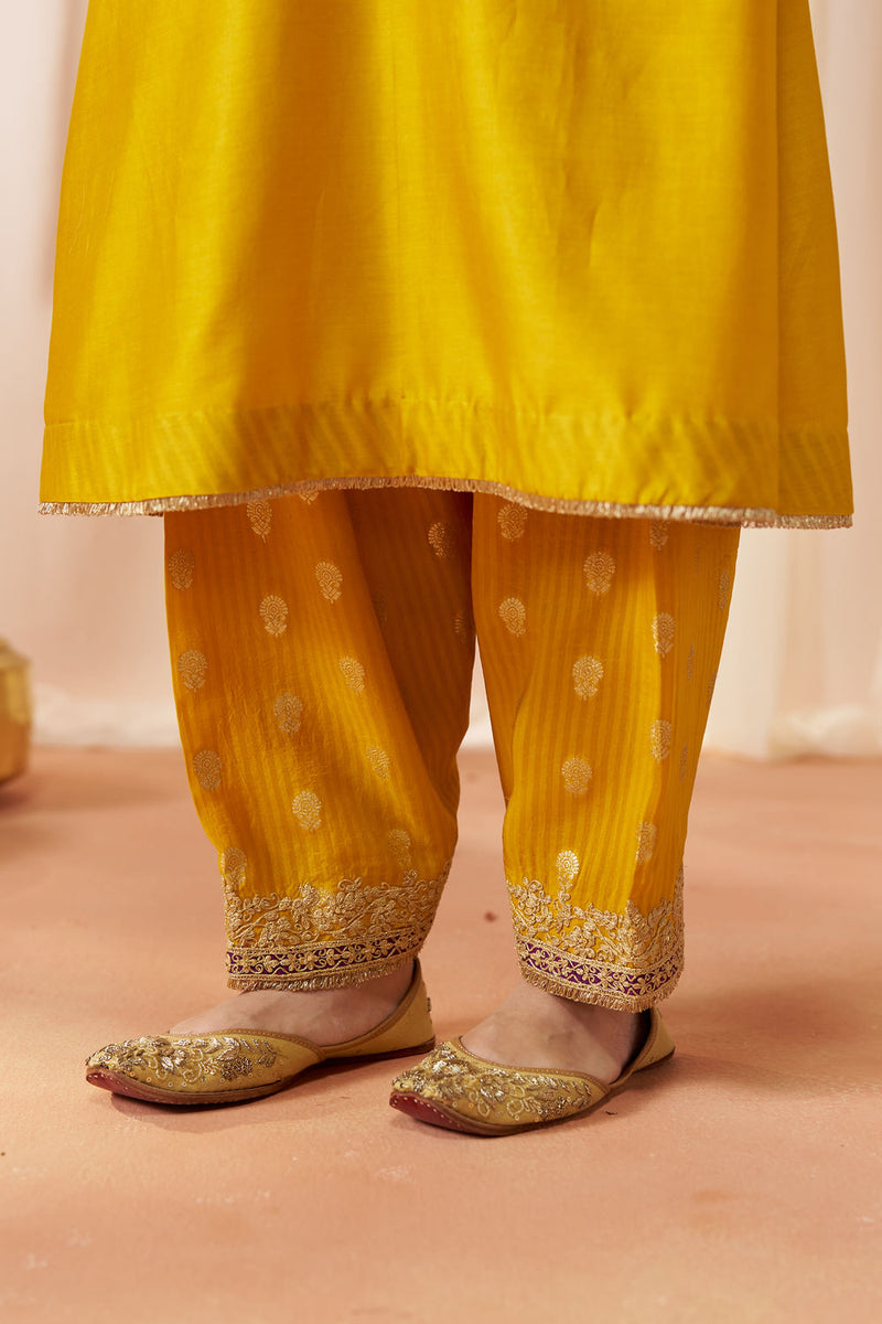 Liana Mustard Chauga with Salwar with Dupatta silk chanderi kurta/kurta set by SHEETAL BATRA in mustard for women Worldwide