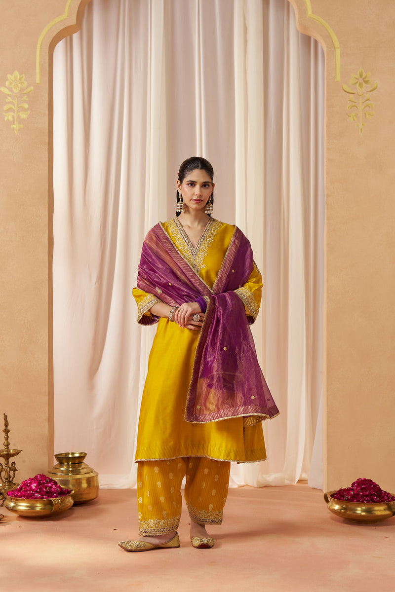 Liana Mustard Chauga with Salwar with Dupatta silk chanderi kurta/kurta set by SHEETAL BATRA in mustard for women Worldwide