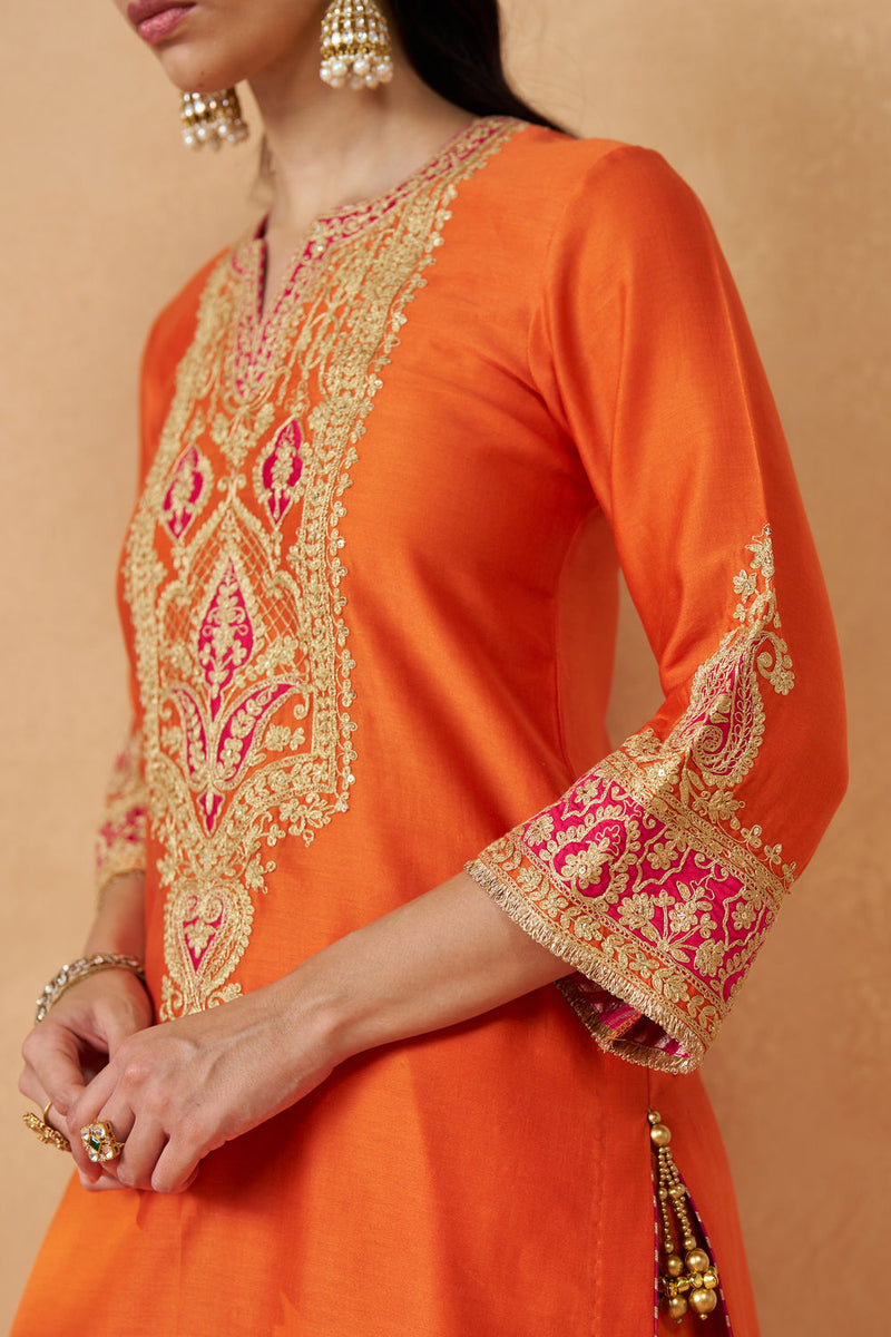 Adeela Burnt Orange Kurta with Salwar and Dupatta silk chanderi kurta/kurta set by SHEETAL BATRA in orange for women Worldwide