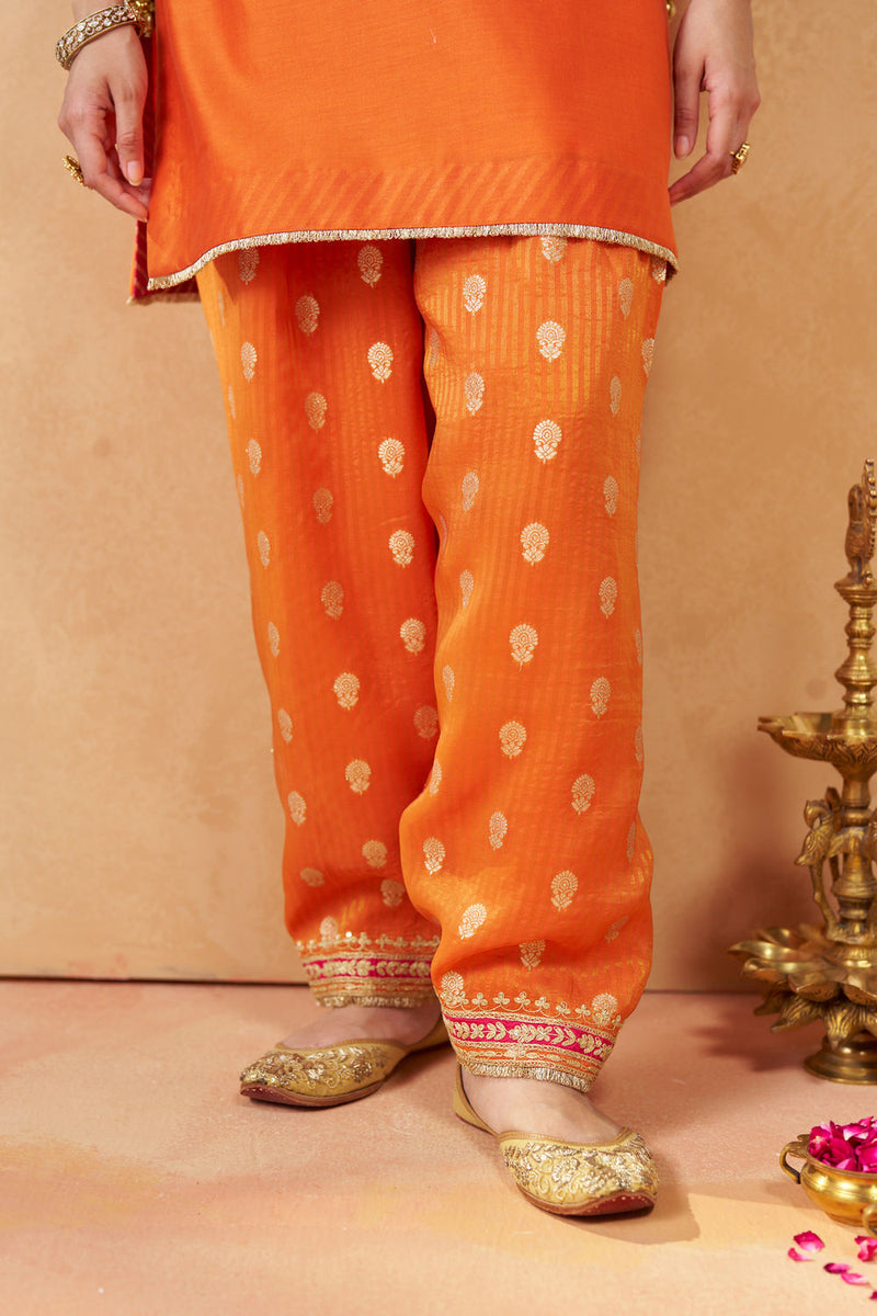 Adeela Burnt Orange Kurta with Salwar and Dupatta silk chanderi kurta/kurta set by SHEETAL BATRA in orange for women Worldwide