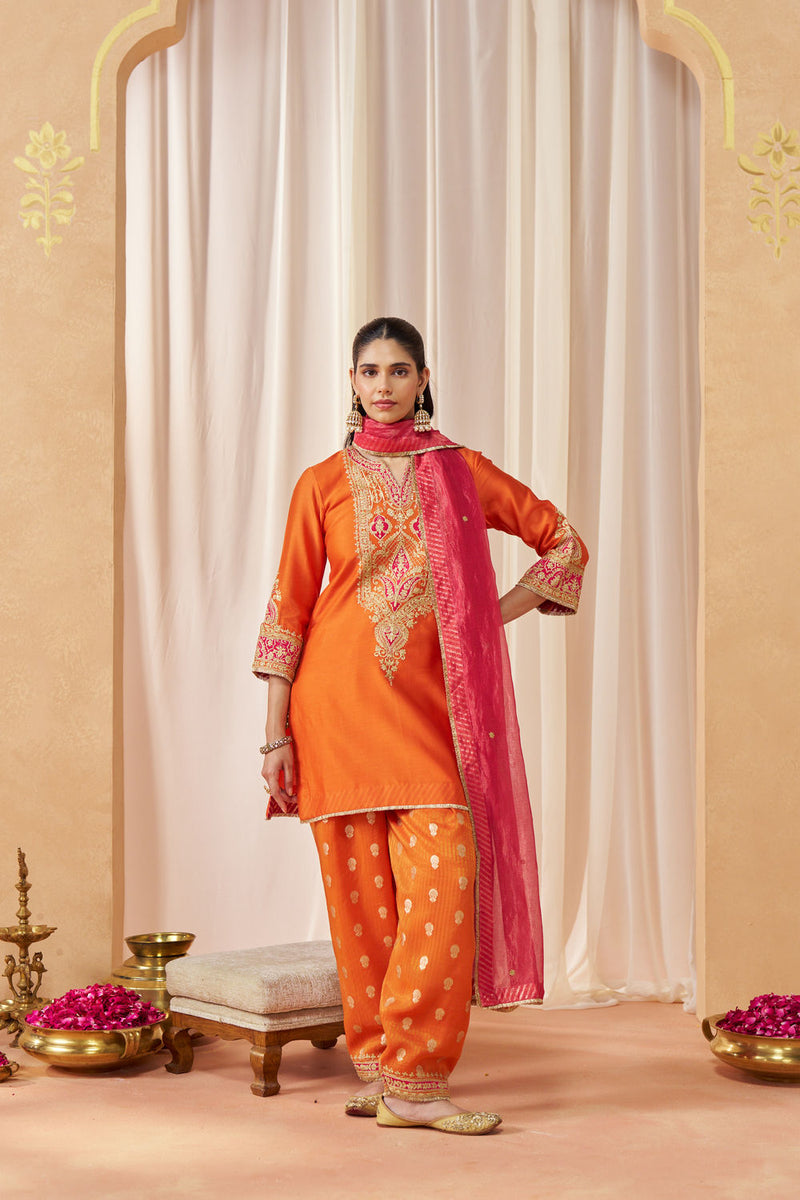 Adeela Burnt Orange Kurta with Salwar and Dupatta silk chanderi kurta/kurta set by SHEETAL BATRA in orange for women Worldwide