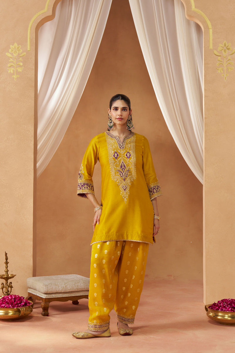 Adeela Mustard Kurta with Salwar and Dupatta silk chanderi kurta/kurta set by SHEETAL BATRA in mustard for women Worldwide