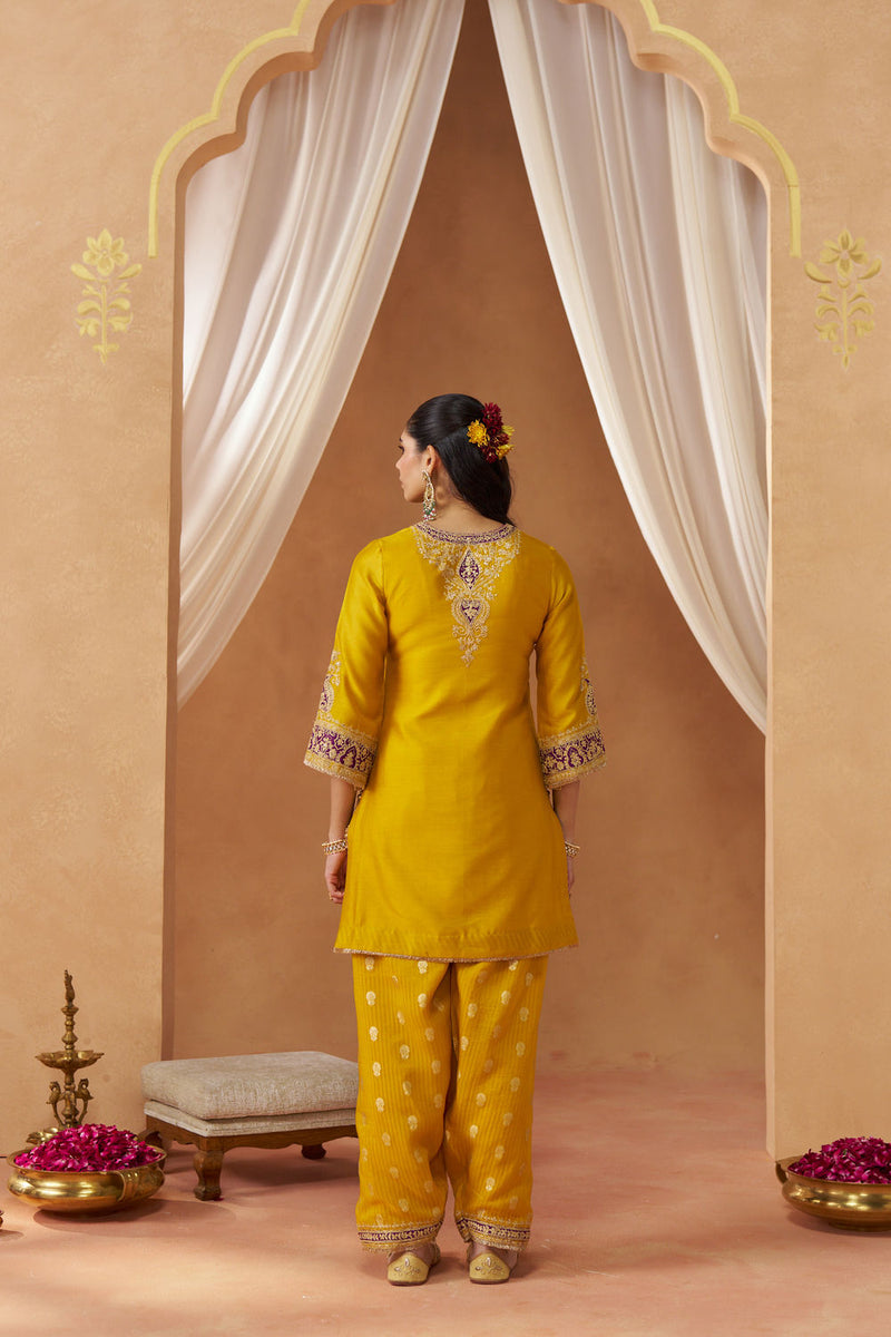 Adeela Mustard Kurta with Salwar and Dupatta silk chanderi kurta/kurta set by SHEETAL BATRA in mustard for women Worldwide