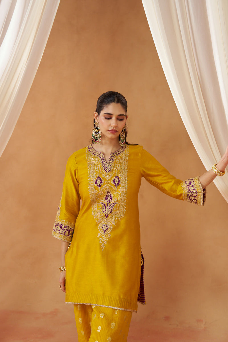 Adeela Mustard Kurta with Salwar and Dupatta silk chanderi kurta/kurta set by SHEETAL BATRA in mustard for women Worldwide