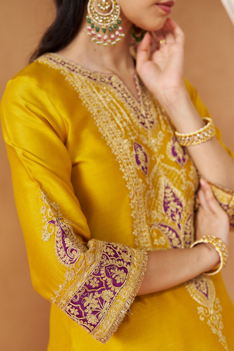 Adeela Mustard Kurta with Salwar and Dupatta silk chanderi kurta/kurta set by SHEETAL BATRA in mustard for women Worldwide