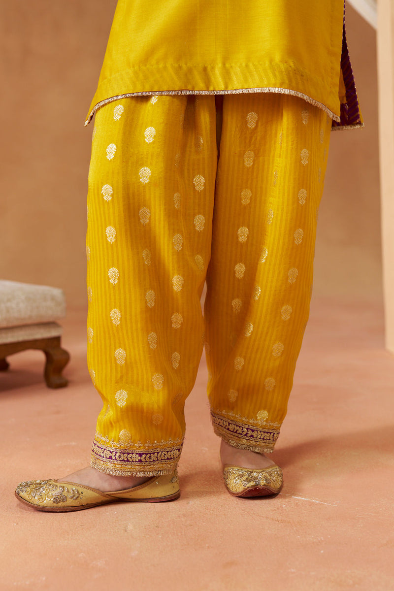 Adeela Mustard Kurta with Salwar and Dupatta silk chanderi kurta/kurta set by SHEETAL BATRA in mustard for women Worldwide
