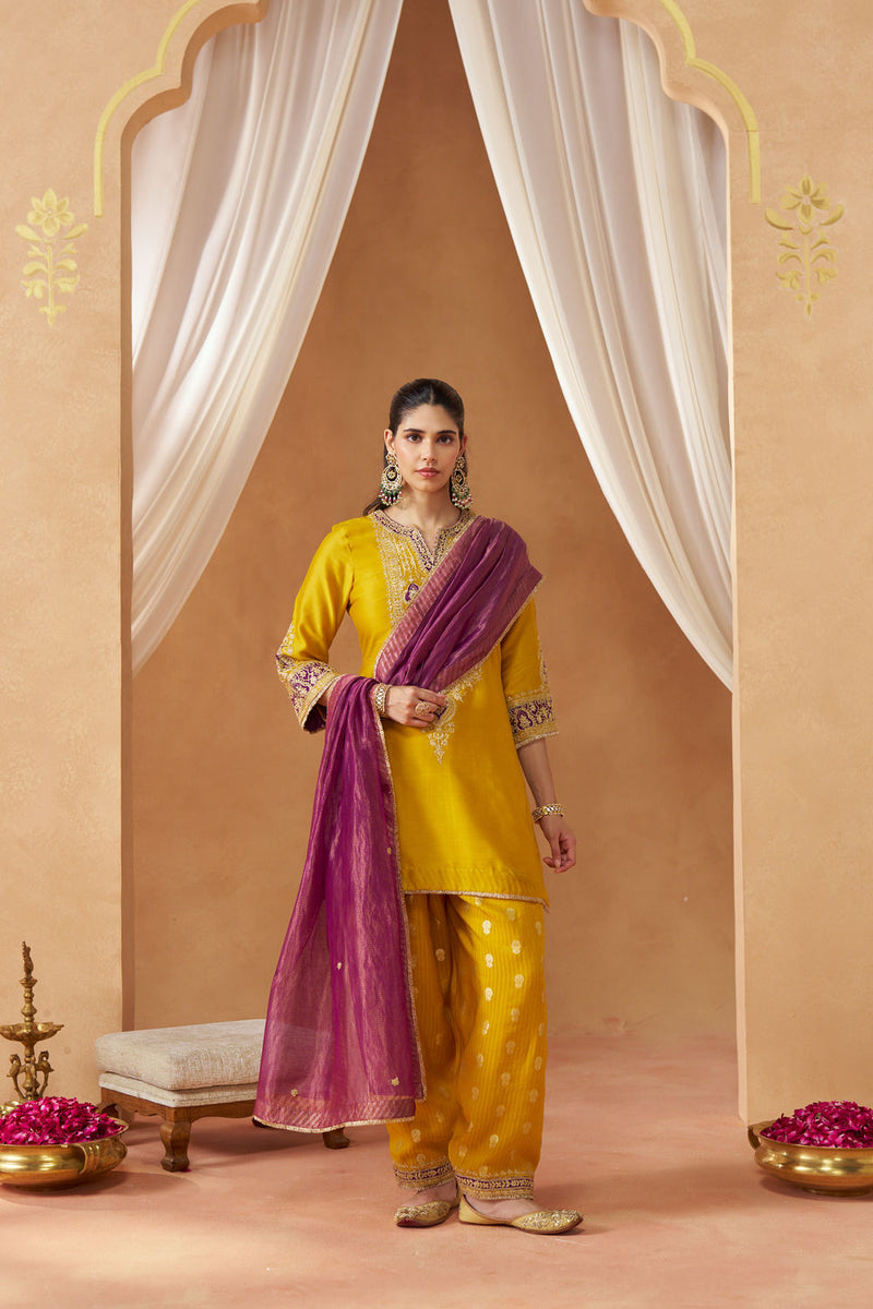 Adeela Mustard Kurta with Salwar and Dupatta silk chanderi kurta/kurta set by SHEETAL BATRA in mustard for women Worldwide