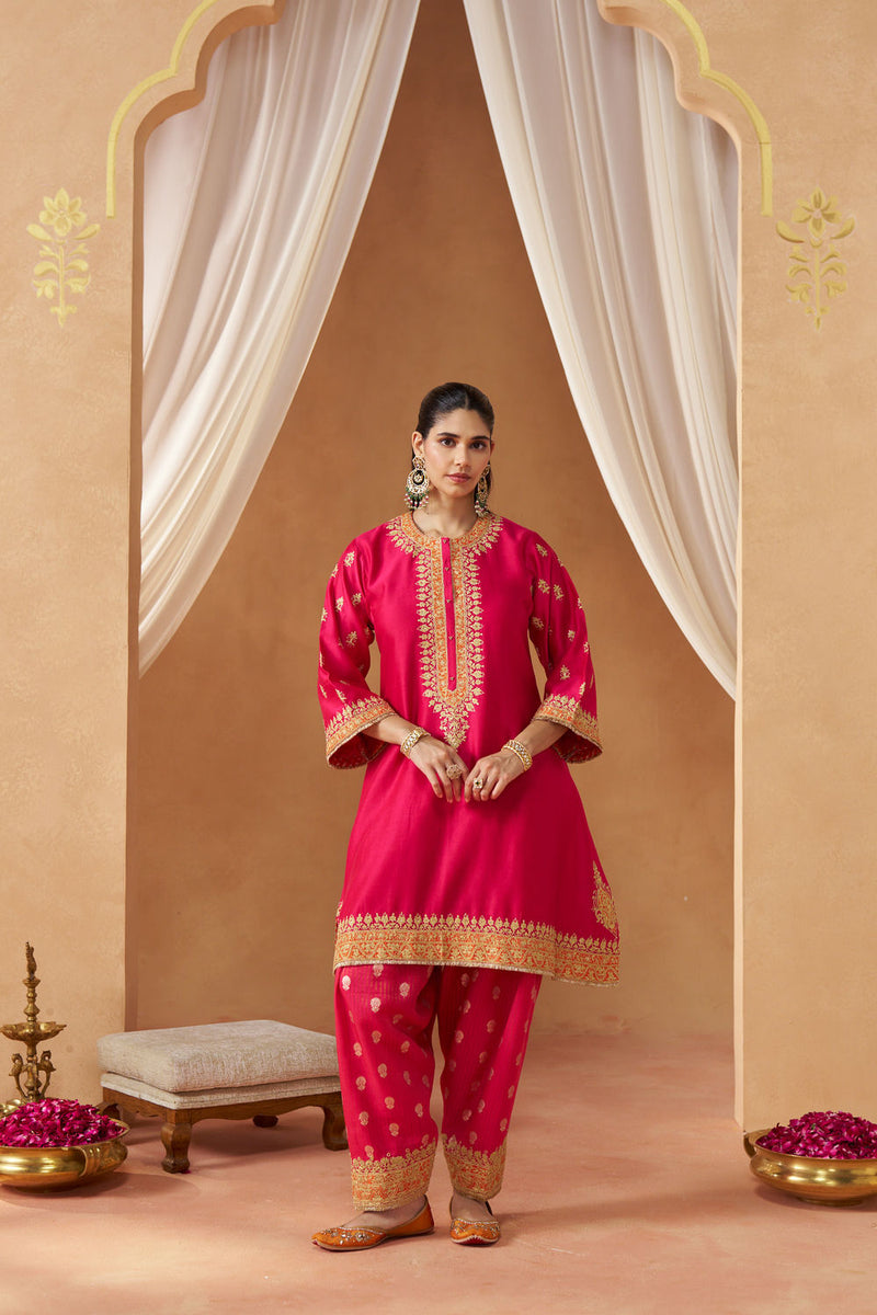 Zeenal Hotpink A-Line Kaaftan with Salwar with Dupatta silk chanderi kurta/kurta set by SHEETAL BATRA in pink for women Worldwide