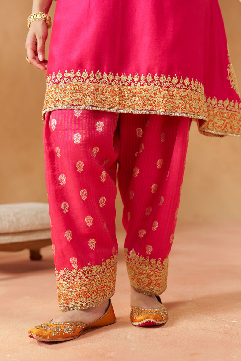 Zeenal Hotpink A-Line Kaaftan with Salwar with Dupatta silk chanderi kurta/kurta set by SHEETAL BATRA in pink for women Worldwide