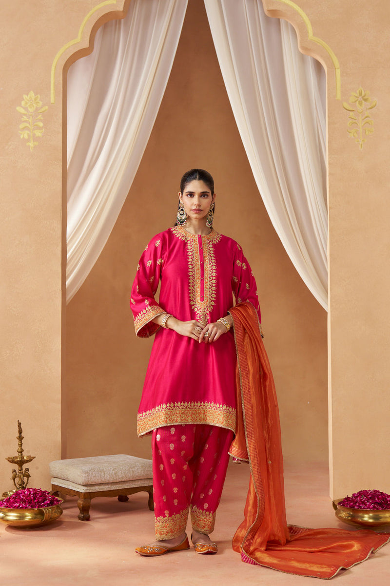 Zeenal Hotpink A-Line Kaaftan with Salwar with Dupatta silk chanderi kurta/kurta set by SHEETAL BATRA in pink for women Worldwide