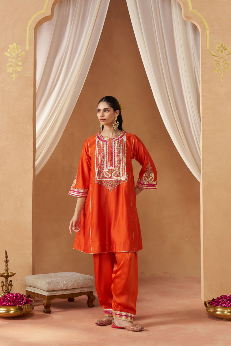 Daneen burnt orange chauga with salwar silk chanderi kurta/kurta set by SHEETAL BATRA in orange for women Worldwide