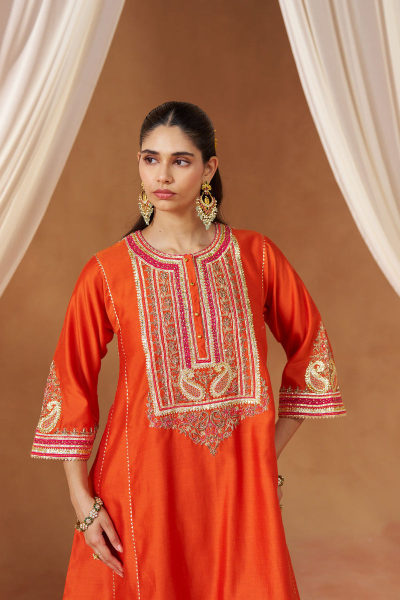 Daneen burnt orange chauga with salwar silk chanderi kurta/kurta set by SHEETAL BATRA in orange for women Worldwide
