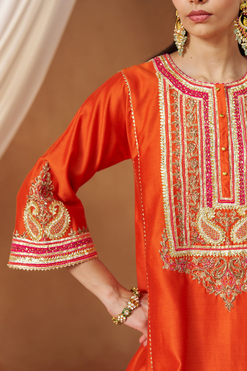 Daneen burnt orange chauga with salwar silk chanderi kurta/kurta set by SHEETAL BATRA in orange for women Worldwide