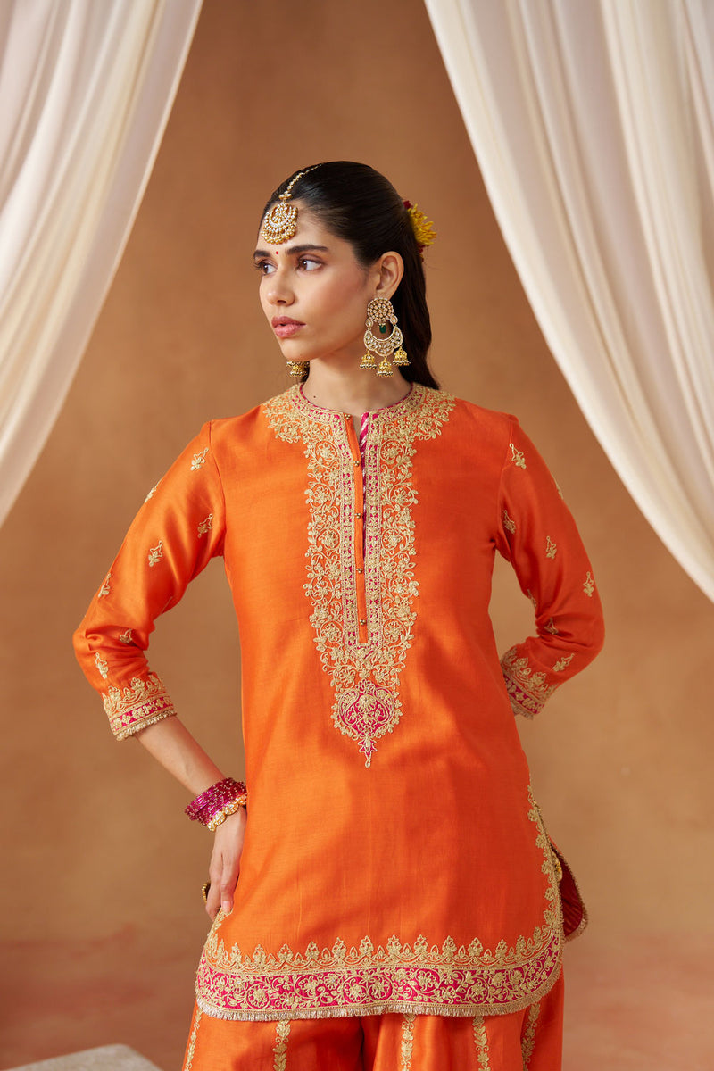 Fadiya Burnt Orange Kurta with Sharara and Dupatta silk chanderi kurta/kurta set by SHEETAL BATRA in orange for women Worldwide