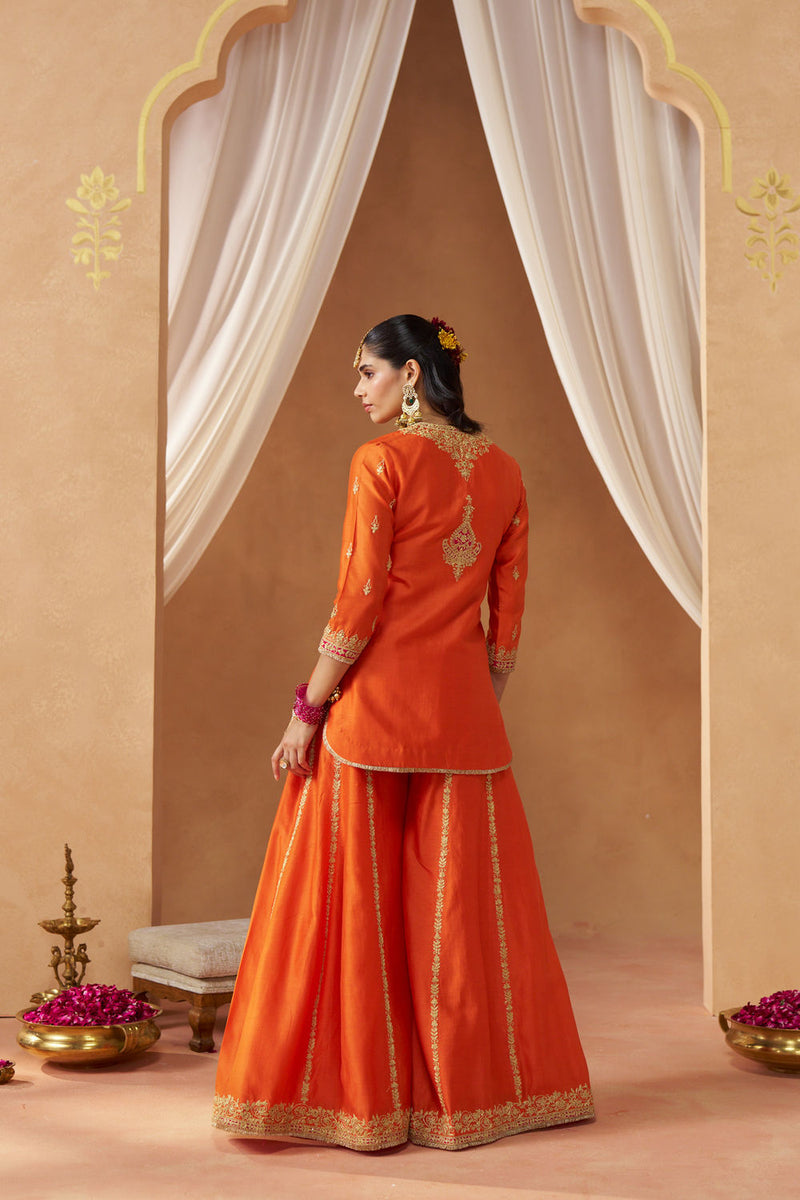 Fadiya Burnt Orange Kurta with Sharara and Dupatta silk chanderi kurta/kurta set by SHEETAL BATRA in orange for women Worldwide