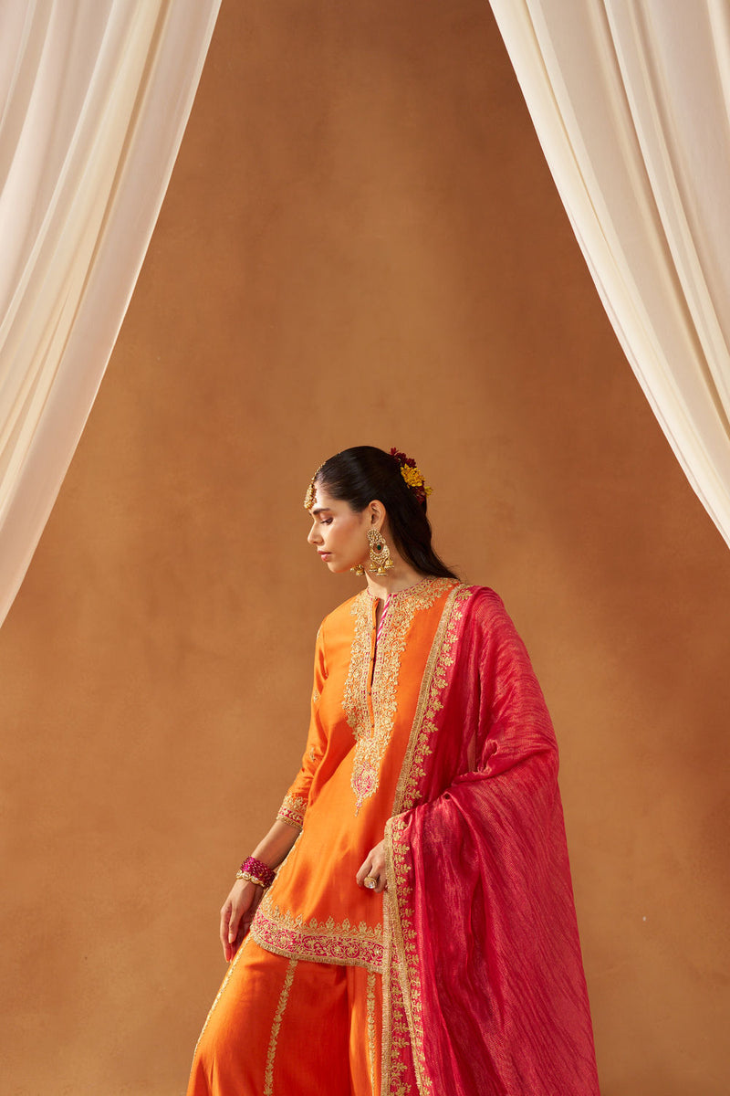 Fadiya Burnt Orange Kurta with Sharara and Dupatta silk chanderi kurta/kurta set by SHEETAL BATRA in orange for women Worldwide