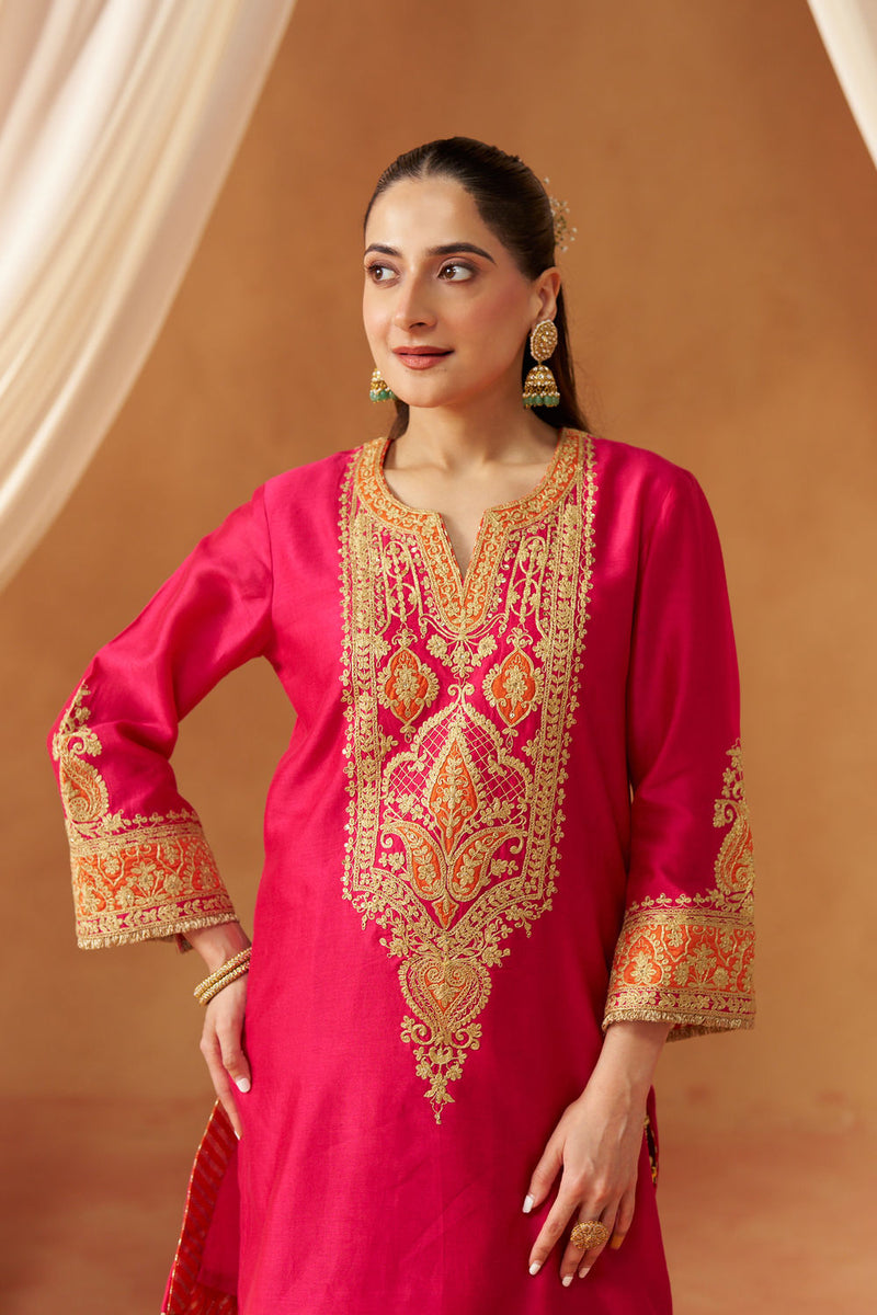Adeela Hotpink Kurta with Salwar and Dupatta silk chanderi kurta/kurta set by SHEETAL BATRA in pink for women Worldwide