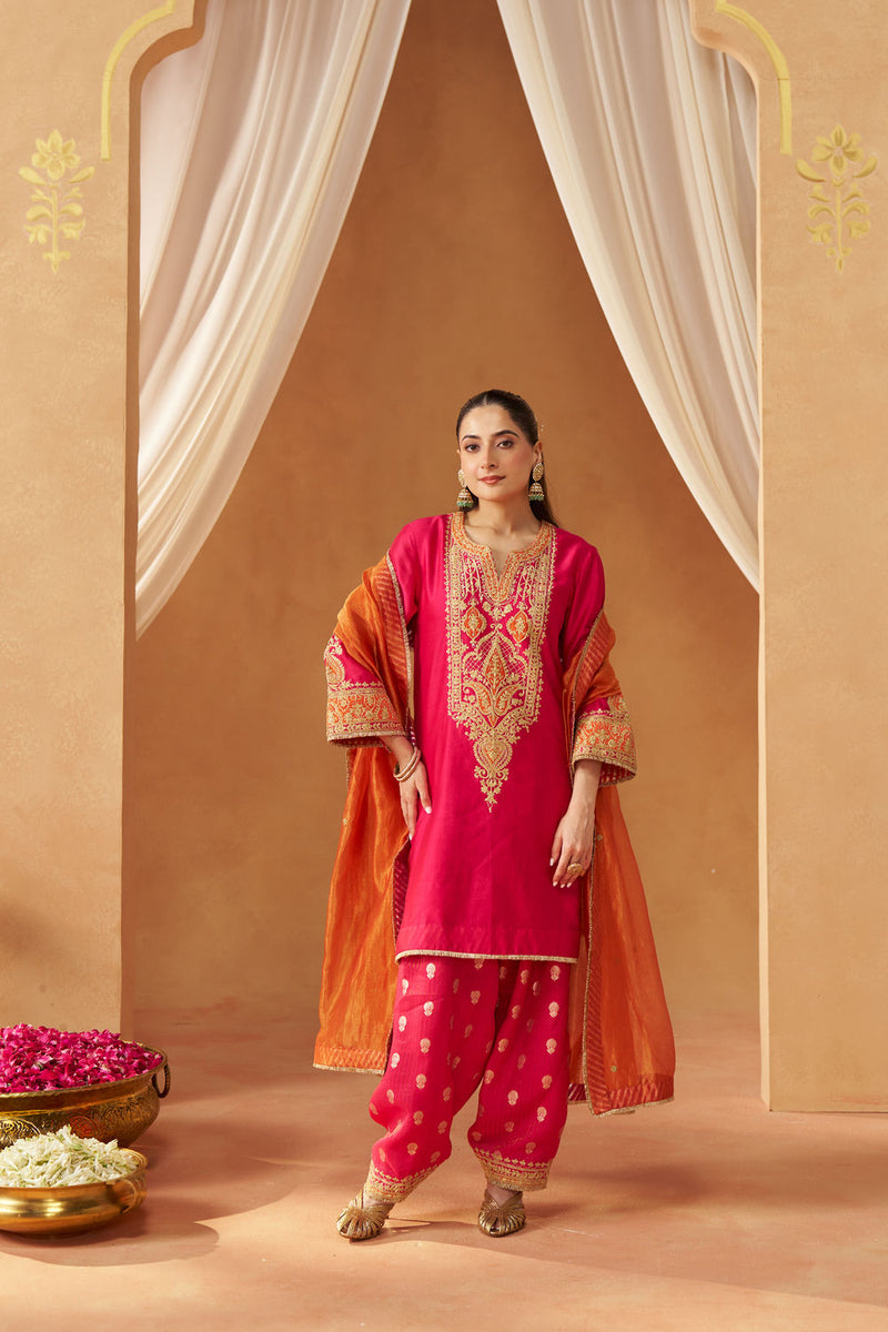 Adeela Hotpink Kurta with Salwar and Dupatta silk chanderi kurta/kurta set by SHEETAL BATRA in pink for women Worldwide