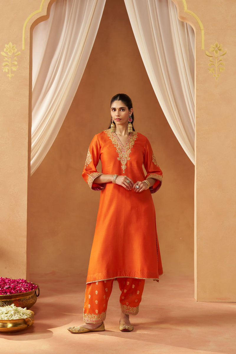 Liana Burnt Orange Chauga with Salwar and Dupatta silk chanderi kurta/kurta set by SHEETAL BATRA in orange for women Worldwide