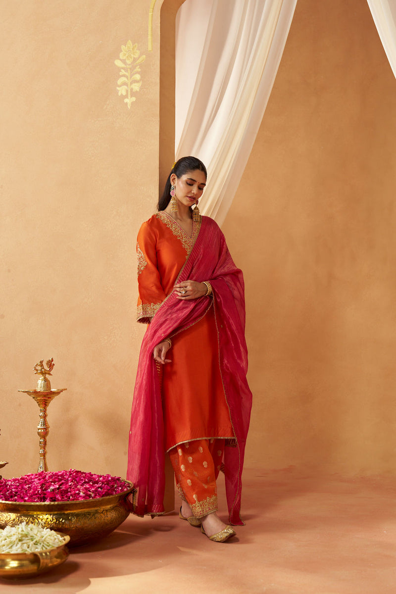 Liana Burnt Orange Chauga with Salwar and Dupatta silk chanderi kurta/kurta set by SHEETAL BATRA in orange for women Worldwide