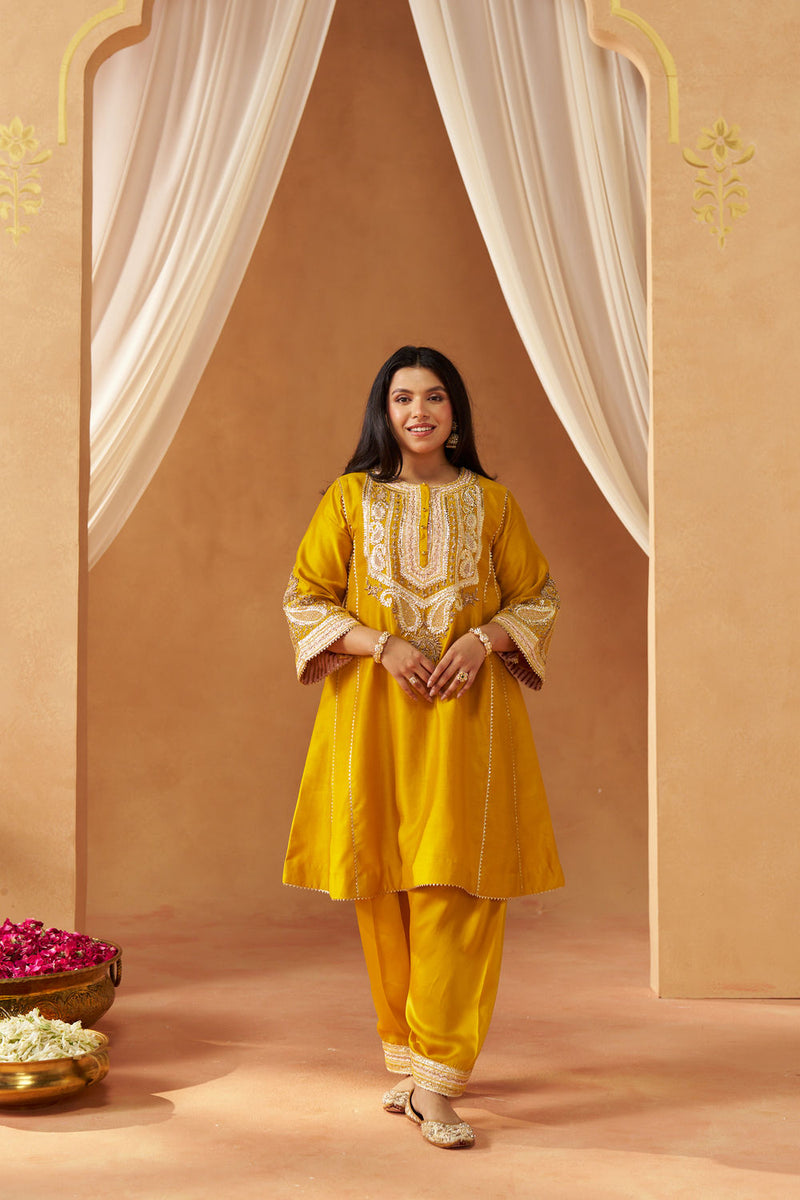Zimal mustard chauga with salwar silk chanderi kurta/kurta set by SHEETAL BATRA in mustard for women Worldwide