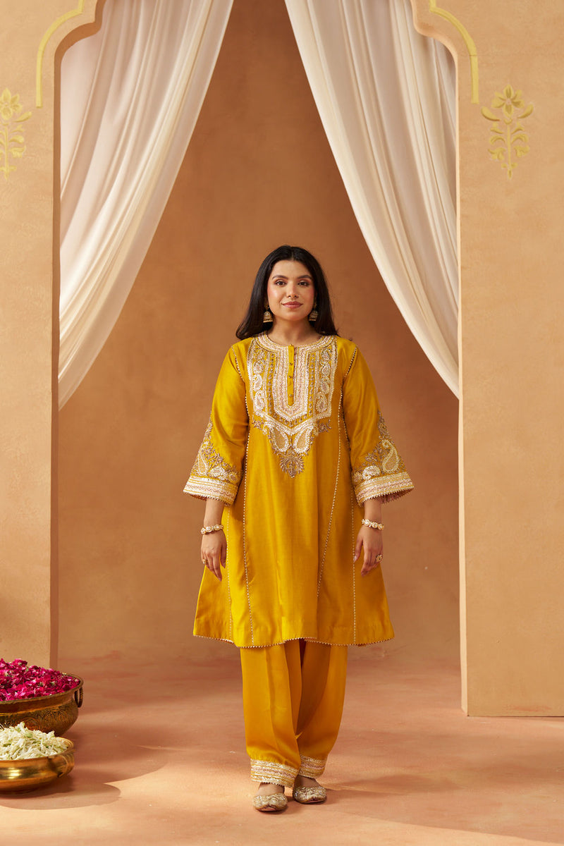 Zimal mustard chauga with salwar silk chanderi kurta/kurta set by SHEETAL BATRA in mustard for women Worldwide