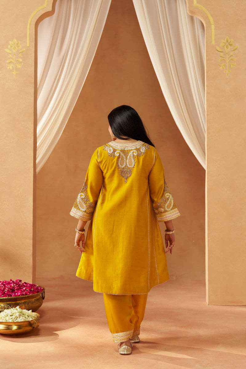 Zimal mustard chauga with salwar silk chanderi kurta/kurta set by SHEETAL BATRA in mustard for women Worldwide