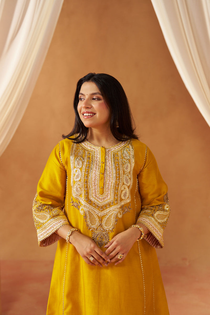 Zimal mustard chauga with salwar silk chanderi kurta/kurta set by SHEETAL BATRA in mustard for women Worldwide