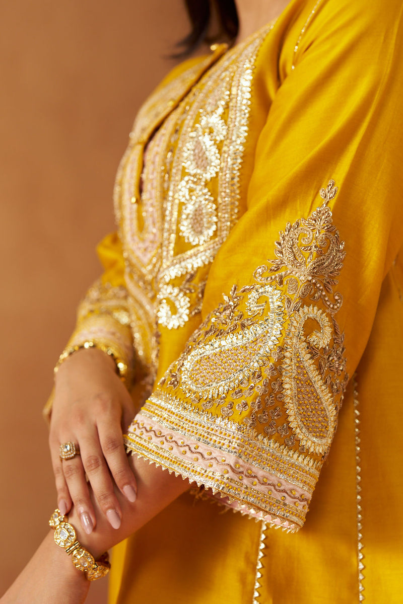 Zimal mustard chauga with salwar silk chanderi kurta/kurta set by SHEETAL BATRA in mustard for women Worldwide