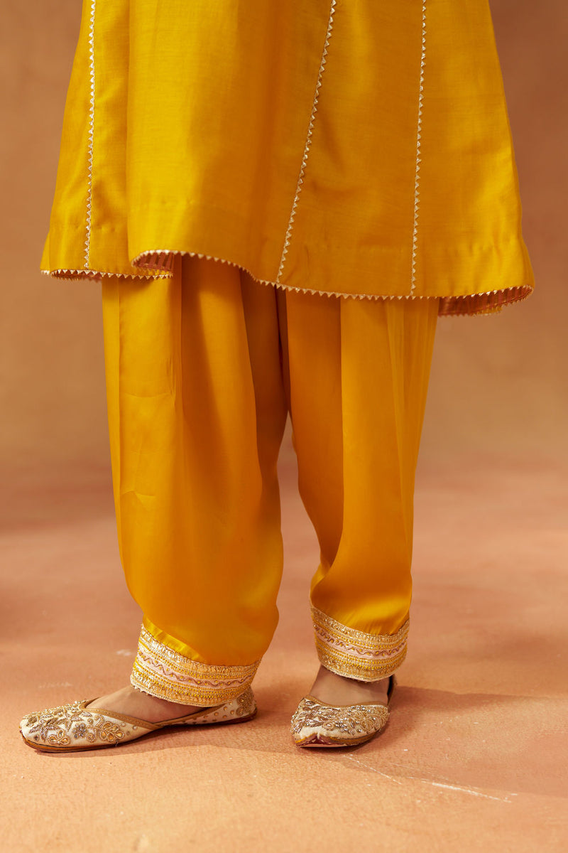 Zimal mustard chauga with salwar silk chanderi kurta/kurta set by SHEETAL BATRA in mustard for women Worldwide