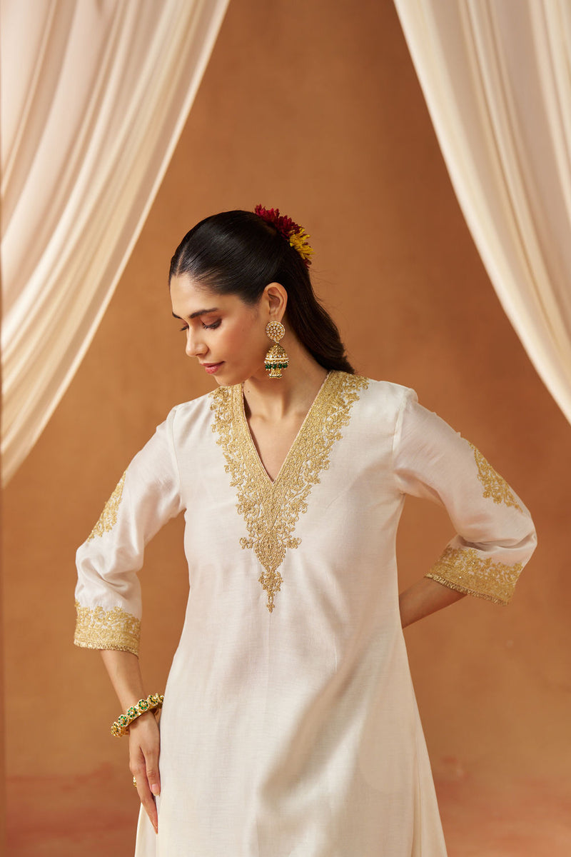 Liana Daisy ivory Chauga with Salwar and Dupatta silk chanderi kurta/kurta set by SHEETAL BATRA in ivory for women Worldwide