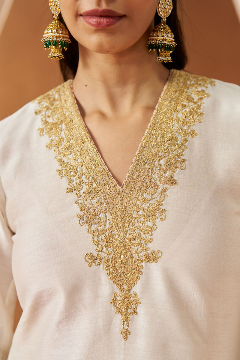 Liana Daisy ivory Chauga with Salwar and Dupatta silk chanderi kurta/kurta set by SHEETAL BATRA in ivory for women Worldwide