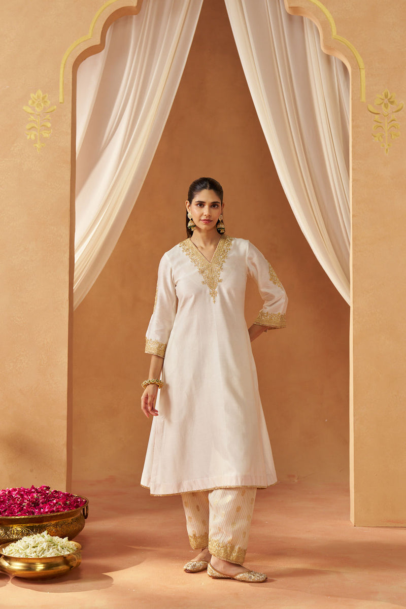 Liana Daisy ivory Chauga with Salwar and Dupatta silk chanderi kurta/kurta set by SHEETAL BATRA in ivory for women Worldwide