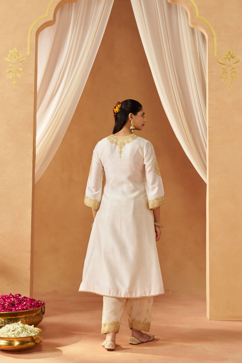 Liana Daisy ivory Chauga with Salwar and Dupatta silk chanderi kurta/kurta set by SHEETAL BATRA in ivory for women Worldwide