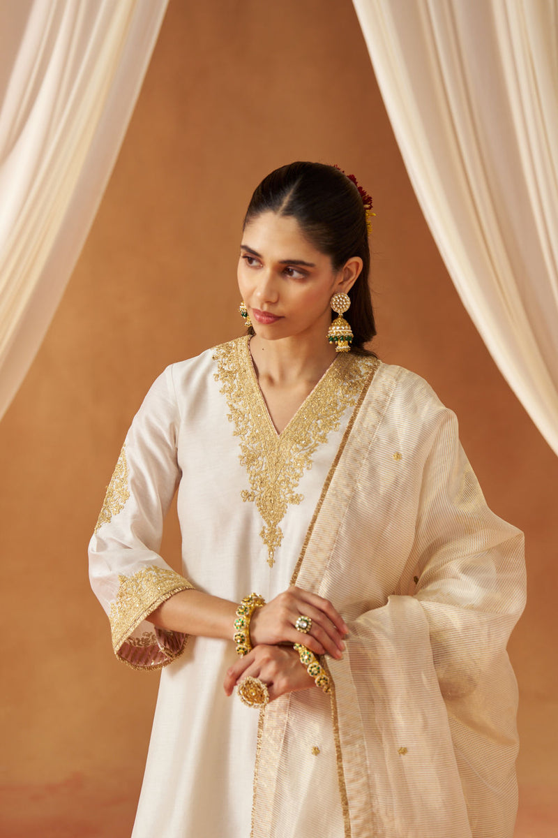 Liana Daisy ivory Chauga with Salwar and Dupatta silk chanderi kurta/kurta set by SHEETAL BATRA in ivory for women Worldwide