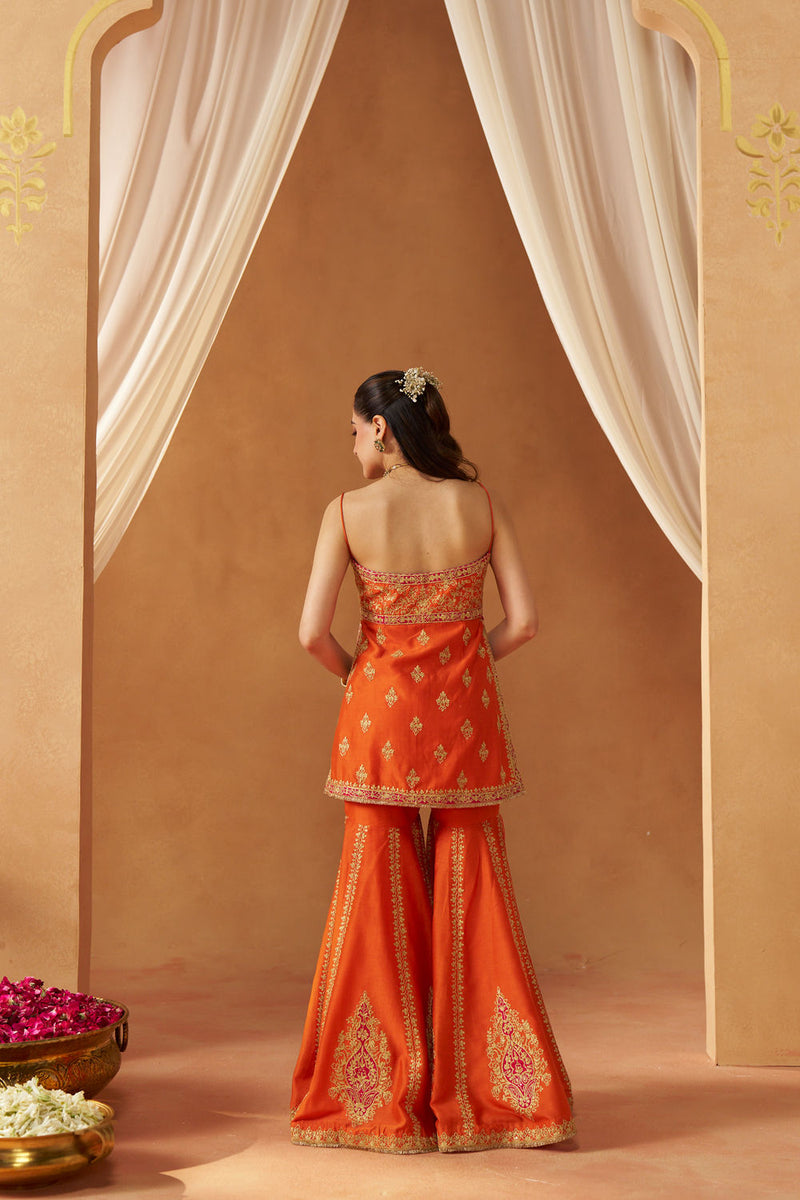 Najma Burnt Orange Kurta with Garara and Dupatta silk chanderi kurta/kurta set by SHEETAL BATRA in orange for women Worldwide