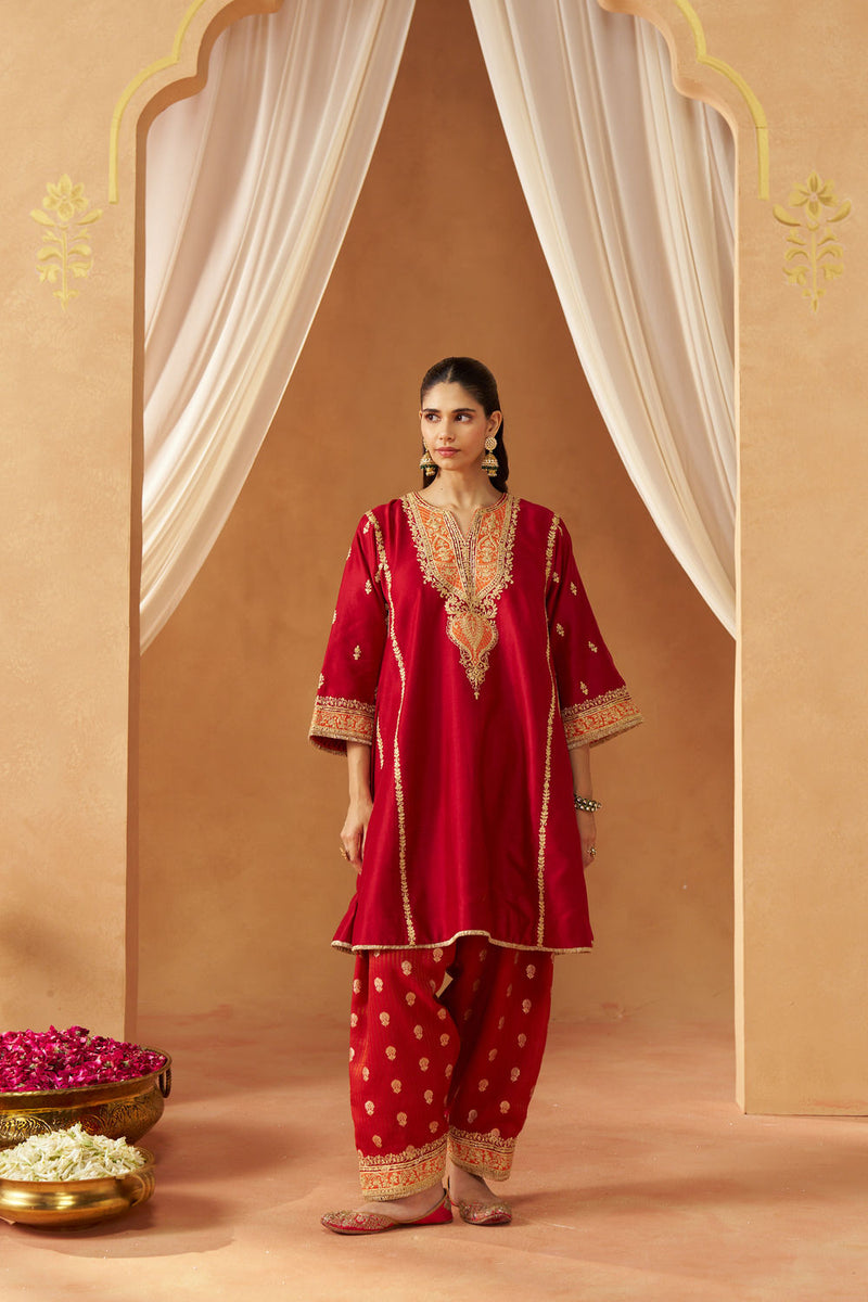 Maahgul Deep Red Kalidaar Chauga with Salwar with Dupatta silk chanderi kurta/kurta set by SHEETAL BATRA in red for women Worldwide